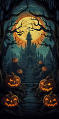 Fototapeta premium Halloween holidays poster. Halloween pumpkin head jack lantern with burning candles.