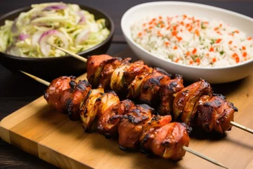 Foto op Aluminium grilled skewers of bacon-wrapped brussels sprouts with side of coleslaw © Alfazet Chronicles