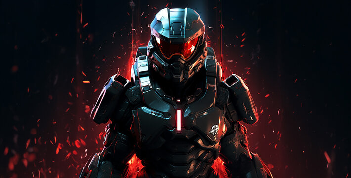 person with a gun, a robot warrior a futuristic master chief with dark black armor