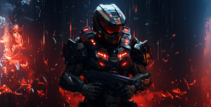 Robot, soldier with a gun, person with a gun, a robot warrior a futuristic master chief with dark black armor