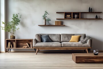 Modern cozy sofa and concrete wall in living room interior, modern design, mock up furniture decorative interior, 3d rendering