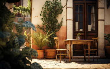 Courtyard with table, chairs, plants and an exterior door. Generative AI