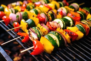 a diagonal line of brightly colored vegetable skewers on a grill