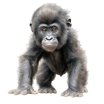 Baby gorilla watercolor clipart on transparent background. Generative AI illustration
