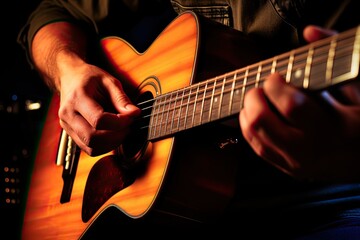 Fototapeta premium close up of hands playing an acoustic guitar
