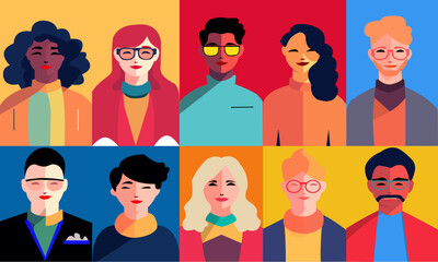 Retrato de multiples colores de personas de diferentes razas. Vector de personas diferentes etnias. Set de iconos de personas - obrazy, fototapety, plakaty