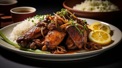 Delicious Chicken Adobo with Rice and Vegetables on a White Plate, Filipino Cuisine, High-Quality Food Photography