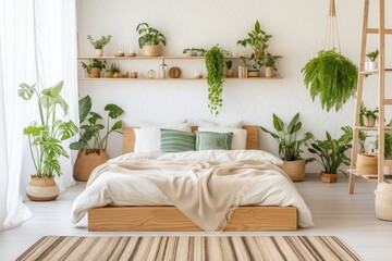 a neat bedroom with natural light and green plants