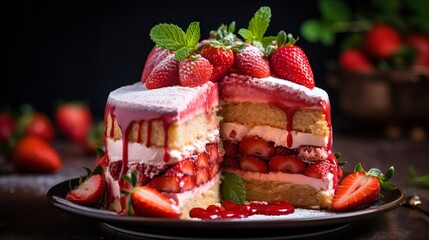 Delicious slice of homemade strawberry sponge cake with fresh berries and whipped cream on a white plate - Powered by Adobe