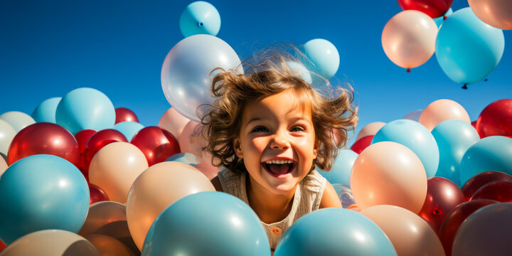Delightful child in awe releasing vibrant balloons against a plain backdrop.