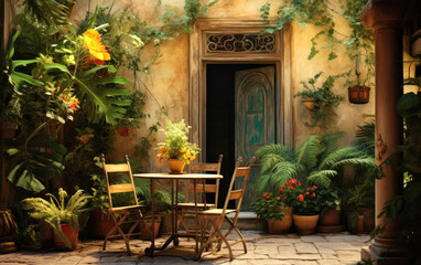 Fototapeta na wymiar Courtyard with table, chairs, plants and an exterior door. Generative AI