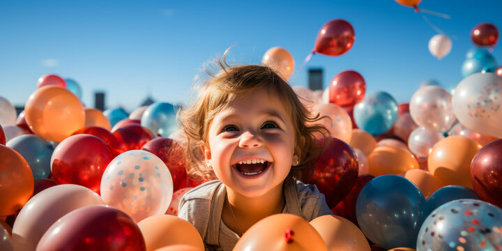 Vibrant child in awe releasing colorful balloons against plain studio background.