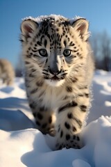 Obraz premium A snow leopard cub crawls across the snow and plays.
