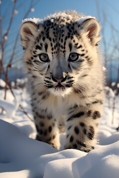 A snow leopard cub crawls across the snow and plays.
