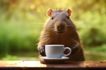 Capybara drinks coffee in nature