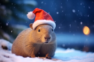 Capybara wearing a santa hat in the snow at night
