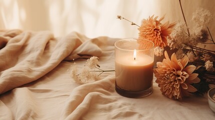 Obraz na płótnie Canvas Generative AI, burning candle on beige background. Aesthetic muted composition dry flowers, textile. Home interior, comfort, spa, relax and wellness concept. 