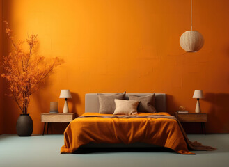 Bed with orange and brown linens in stylish bedroom interior.