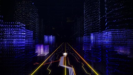 Processes inside computer machine. Programming functions. Blue world. Following lights. Statistical appearing in 3D in the middle. Data and informations in stocks creating circular motions. - Powered by Adobe