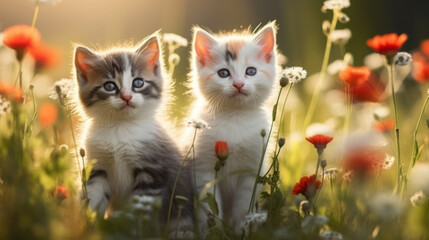 Three cute kittens in a summer meadow