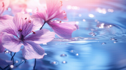 Close-up of pink flowers in clear clear blue water.