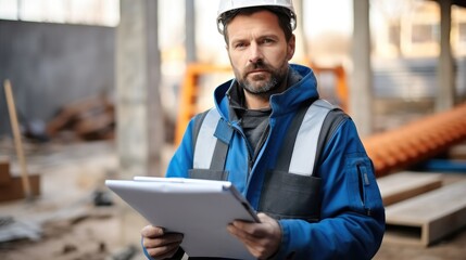 Fototapeta premium Builder in working uniform expertising the structure standing with folder at the construction site.