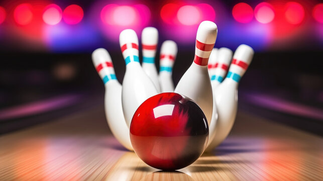 Red bowling ball breaks pins on a multicolored background