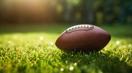 An American soccer ball lying on the grass.