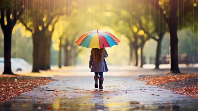 A little girl walks under a colorful umbrella in an autumn park