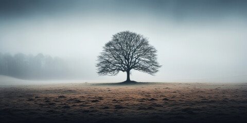 A lone tree in a field on a foggy day - obrazy, fototapety, plakaty