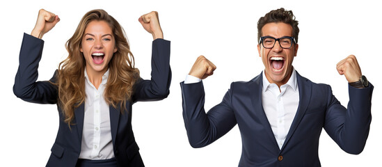emotional, happy, excited, cheering businessman and businesswoman celebrating. on transparent background - obrazy, fototapety, plakaty