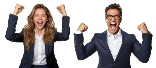 emotional, happy, excited, cheering businessman and businesswoman celebrating. on transparent background