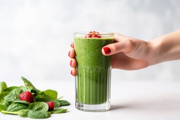 hand holding a glass of prepared spinach and berry smoothie