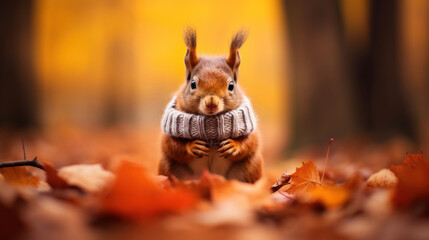 Squirrel in a knitted scarf in the autumn forest