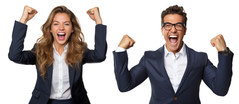 emotional, happy, excited, cheering businessman and businesswoman celebrating. on transparent background - Powered by Adobe