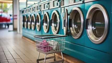 Washing machines in the laundry room with clothes cart - Powered by Adobe