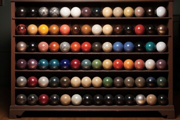 bowling balls neatly arranged in a rack