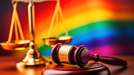 Judge's gavel against the background of a rainbow flag and scales of justice - obrazy, fototapety, plakaty