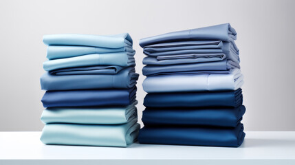 Folded clothes in stacks of various simple blue placed on a table on a light background