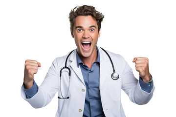 emotional, happy, excited, cheering male Caucasian doctor celebrating. on transparent background