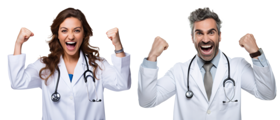 emotional, happy, excited, cheering female and male  Caucasian doctor celebrating. on transparent background