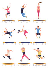 Kids jumping on trampoline icon set. Child activities design element. Indoor or outdoor fun, fitness jumping. Equipment acrobatic and gymnastic exercises. Vector illustration