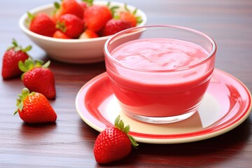 a strawberry yogurt drink alongside a bowl of fresh strawberries