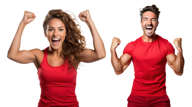 emotional, happy, excited, cheering male and female fitness trainer celebrating and motivating on transparent background