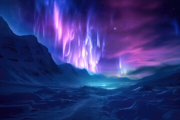 Light blue purple aurora on sky at snow mountains.