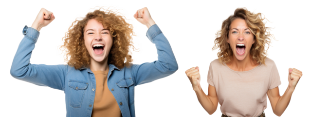 emotional, happy, excited, cheering Caucasian mother and teenage daughter celebrating. on transparent background