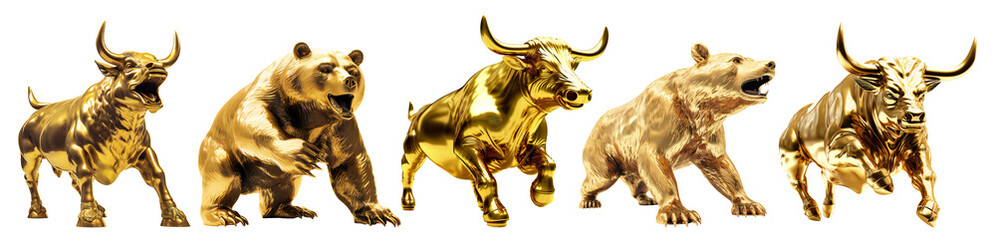 Golden stock market bull and bear collection - obrazy, fototapety, plakaty