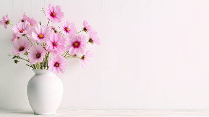 Minimalistic pink flowers in a white vase 