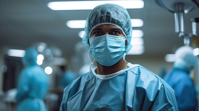 Male doctor wearing a surgical mask in a hospital.