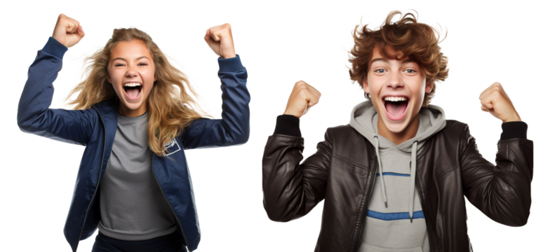 emotional, happy, excited, cheering teenager boy and girl kid celebrating. on transparent background